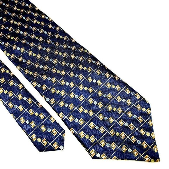 Savile Row Silk Tie Print Blue Geometric - Picture 1 of 6